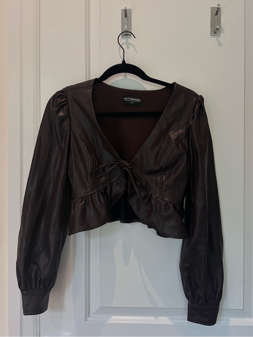 Brown Faux Leather Tie-Front Peplum Top